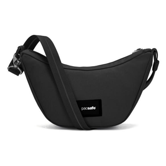 Сумка антивор Pacsafe GO Lunar crossbody, черная смола, 2,5 л.  Окружность через плечо (макс. - мин.) 165-58 см • Объем: 2,5 л • Защитная ткань от RFID уязвимости • Вшитая в ткань стальная сетка • Вшитые в лямку стальные стропы • Блокировка ремня с поворотным замком • Блокиратор язычка молнии