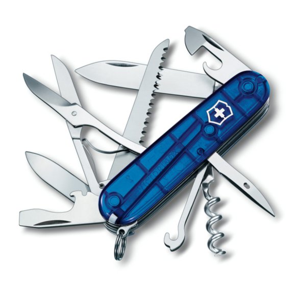 Нож Victorinox Huntsman 1.3713.T2 Translucent Blue  Штопор • Консервный нож • Открывалка для бутылок • Шило, кернер • Кольцо для ключей • Пинцет • Зубочистка • Ножницы