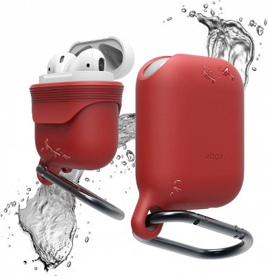 Водонепроницаемый чехол для AirPods Elago Waterproof Hang Case Red  Тонкий форм-фактор • Защита от воды • Карабин для крепления на пояс • Заглушка для зарядного порта • Надежная фиксация кейса