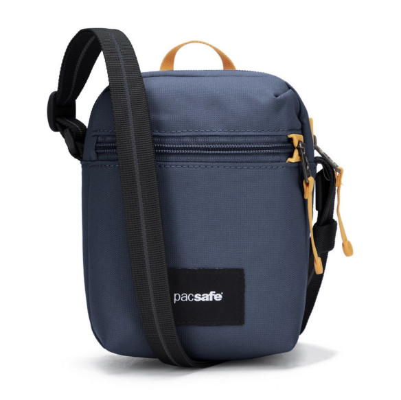 Сумка антивор Pacsafe GO Micro Crossbody, синий, 1,5 л.  Диагональ 7 дюйма • Защитная ткань от RFID уязвимости • Блокиратор язычка молнии • Вшитая в ткань стальная сетка • Вшитые в лямку стальные стропы