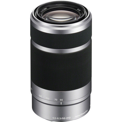Объектив Sony 55-210mm f/4.5-6.3 OSS для NEX Silver (SEL-55210)  Телеобъектив Zoom • Крепление Sony E • Минимальное расстояние фокусировки 1 мм • Автоматическая фокусировка • Вес: 545 г