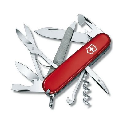 Нож Victorinox Mountaineer 1.3743 Red  Штопор • Консервный нож • Открывалка для бутылок • Шило, кернер • Кольцо для ключей • Пинцет • Зубочистка • Ножницы • Многофункциональный крюк • Пилочка для ногтей