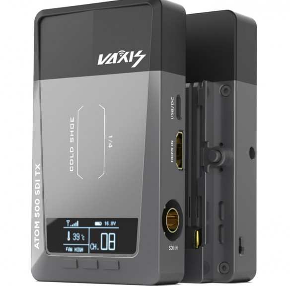 Видеосендер Vaxis ATOM 500 SDI   • Подключение:	HDMI, SDI • Передача сигнала:	5G • Рабочая дистанция:	152 м • Задержка:	0.08 с • Питание:	NP-F, Type-C • Особенности конструкции:	встроенный дисплей • Дополнительные функции:	управление через приложение
