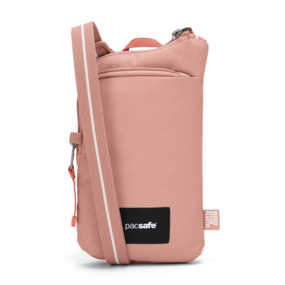 Сумка антивор Pacsafe GO Tech Crossbody, розовый, 0,2 л.  Диагональ 7 дюйма • Защитная ткань от RFID уязвимости • Безопасная застежка-молния • Блокиратор язычка молнии • Вшитые в лямку стальные стропы