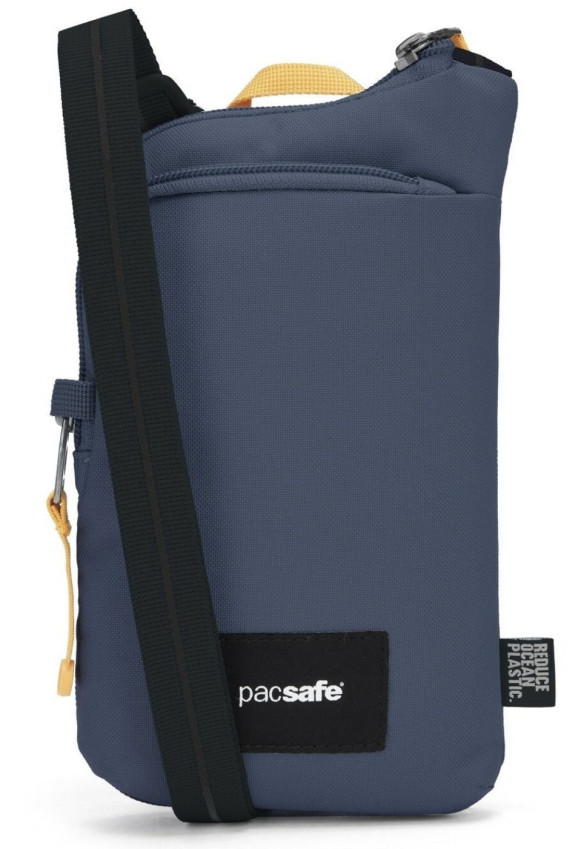 Сумка антивор Pacsafe GO Tech Crossbody, синий, 0,2 л.  Диагональ 7 дюйма • Защитная ткань от RFID уязвимости • Безопасная застежка-молния • Блокиратор язычка молнии • Вшитые в лямку стальные стропы