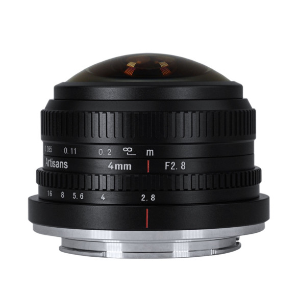 Объектив 7Artisans 4mm F2.8 E-mount  Байонет объектива E-mount (Sony) • Покрытие матрицы APS-C • Фокусное расстояние 4 мм • Конструкция 10 элементов в 8 группах • Фокусировка ручная • Максимальная диафрагма f2.8 • Минимальная диафрагма f16 • Лепестки диафрагмы 7 шт • Минимальная дистанция фокусировки 85 мм • Угол зрения диагональ 225°