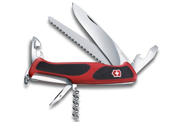 Нож Victorinox RangerGrip 55 0.9563.C  Открывалка для консервных банок • Малая отвертка 3 мм • Открывалка для бутылок • Приспособление для сгибания проволоки • Пила по дереву • Развертка • Шило • Штопор
