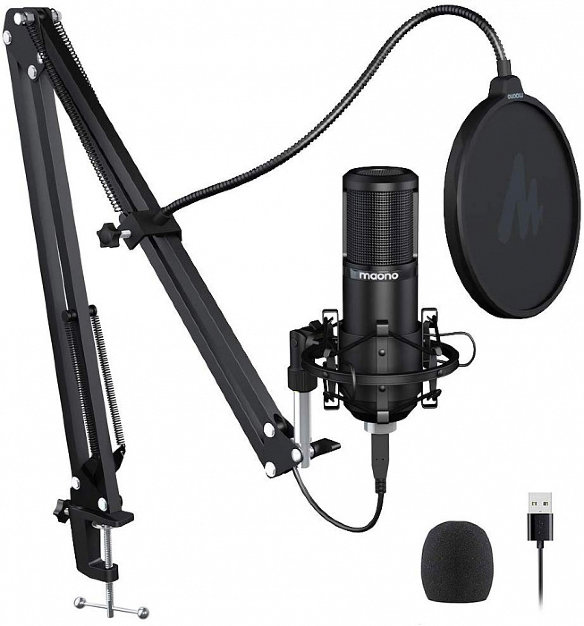 Микрофон со стойкой и фильтром Maono AU-PM420 Black  Простое подключение и настройка • USB-подключение • Высокое качество записи • Шок-маунт и поп-фильтр в комплекте