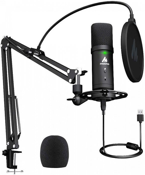 Микрофон со стойкой и фильтром Maono AU-PM401 Black  Простое подключение и настройка • USB-подключение • Высокое качество записи • Шок-маунт и поп-фильтр в комплекте