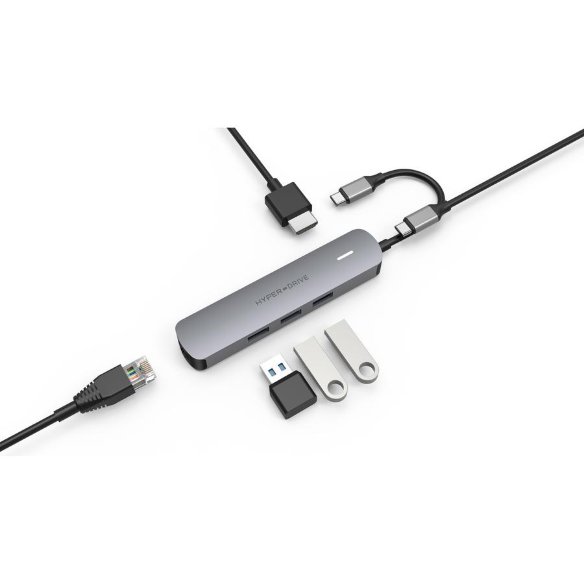 Универсальный USB-хаб HyperDrive 6-in-1 USB-C Space Grey  Простое подключение • 6 портов • Алюминиевый корпус • Возможность зарядки ноутбука