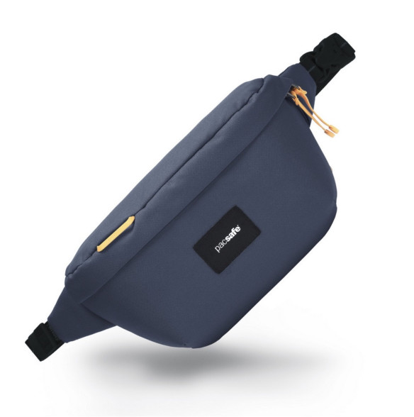 Сумка слинг антивор Pacsafe Go Sling, синий, 2.5 л.  Диагональ 7 дюйма • Защитная ткань от RFID уязвимости • Вшитая в ткань стальная сетка • Блокиратор язычка молнии • Вшитые в лямку стальные стропы