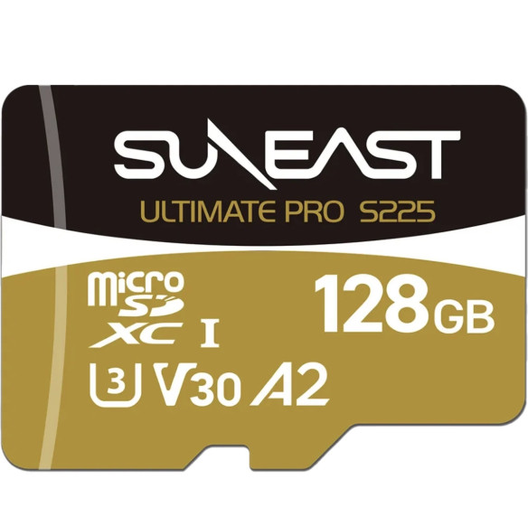 Карта памяти SUNEAST Ultimate Pro S225 Gold microSDXC UHS-I V30 128Гб  Интерфейс UHS-I • Вид накопителя micro SDXC, SDXC • Объём памяти 128 Гб • Скорость чтения 208 Мб/с • Скорость записи 30 мб/с • Класс скорости UHS U3 • Класс скорости записи видео V30 • Класс скорости C10 • Класс производительности приложений A2