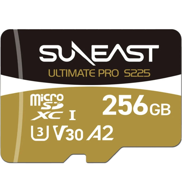 Карта памяти SUNEAST Ultimate Pro S225 Gold microSDXC UHS-I V30 256Гб  Интерфейс UHS-I • Вид накопителя micro SDXC, SDXC • Объём памяти 256 Гб • Скорость чтения 208 Мб/с • Скорость записи 30 мб/с • Класс скорости UHS U3 • Класс скорости записи видео V30 • Класс скорости C10 • Класс производительности приложений A2