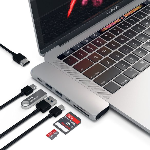 USB-хаб (концентратор) Satechi Aluminium Type-C Pro Hub Adapter Silver для MacBook Pro / Air  7 портов: HDMI 1080p + 4K, Thunderbolt 3, USB Type-C, SD, microSD, 2xUSB 3.0. Прочный алюминиевый корпус.