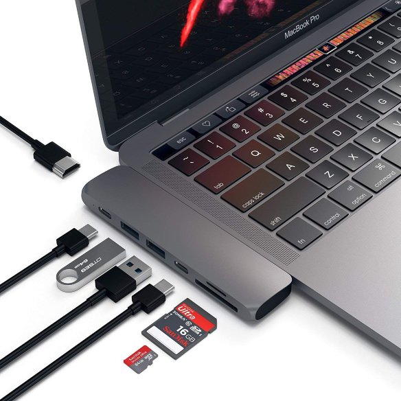 USB-хаб (концентратор) Satechi Aluminium Type-C Pro Hub Adapter Space Gray для MacBook Pro / Air  7 портов: HDMI 1080p + 4K, Thunderbolt 3, USB Type-C, SD, microSD, 2xUSB 3.0. Прочный алюминиевый корпус.