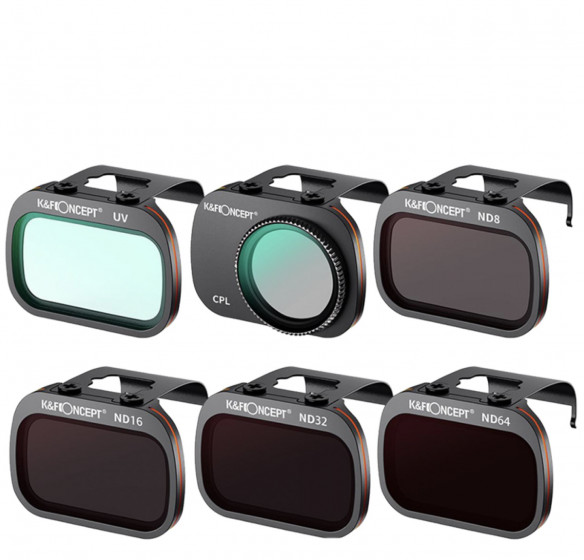 Комплект светофильтров K&amp;F Concept для DJI Mini/Mini 2/Mini SE (6шт)   • Линз в комплекте:	6 шт • Вид фильтра:	ND нейтральный, UV ультрафиолетовый, CPL круговой поляризационный • Совместимость:	DJI Mini/Mini 2/Mini SE