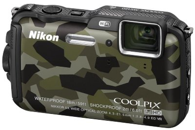Подводный фотоаппарат Nikon Coolpix AW120 Camouflage  Подводный (до 18 м) • ударопрочный (2 м) • морозостойкий • пыленепроницаемый • GPS • Wi-Fi • 16 Мпикс • зум 5х • дисплей 3" • видео FullHD 1080p