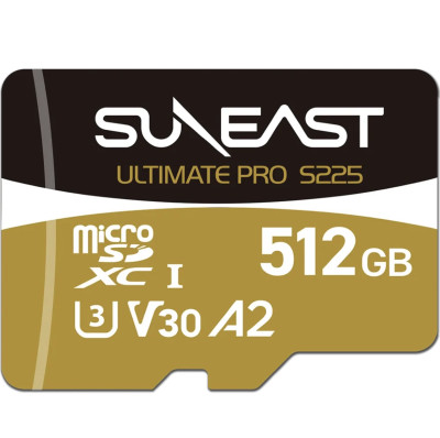 Карта памяти SUNEAST Ultimate Pro S225 Gold microSDXC UHS-I V30 512Гб  Интерфейс UHS-I • Вид накопителя micro SDXC, SDXC • Объём памяти 512 Гб • Скорость чтения 208 Мб/с • Скорость записи 30 мб/с • Класс скорости UHS U3 • Класс скорости записи видео V30 • Класс скорости C10 • Класс производительности приложений A2
