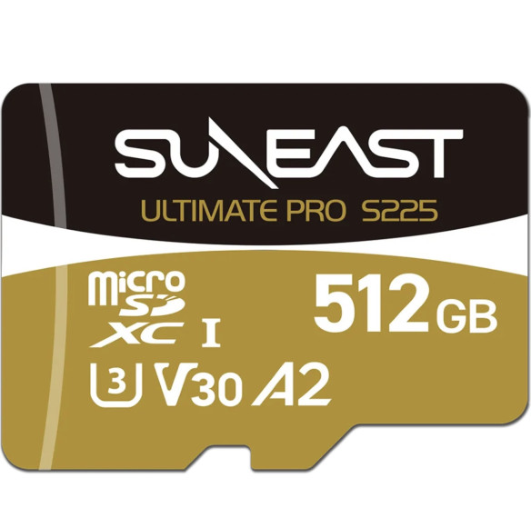Карта памяти SUNEAST Ultimate Pro S225 Gold microSDXC UHS-I V30 512Гб  Интерфейс UHS-I • Вид накопителя micro SDXC, SDXC • Объём памяти 512 Гб • Скорость чтения 208 Мб/с • Скорость записи 30 мб/с • Класс скорости UHS U3 • Класс скорости записи видео V30 • Класс скорости C10 • Класс производительности приложений A2