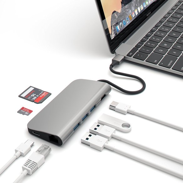 USB-хаб (концентратор) Satechi Multi-Port Adapter 4K with Ethernet Space Gray для MacBook Pro / Air / iPad Pro  8 портов: HDMI 1080p + 4K, Ethernet RJ-45, USB Type-C + Thunderbolt 3, SD, microSD, 3xUSB 3.0. Прочный алюминиевый корпус.