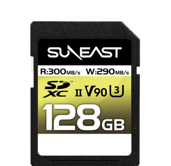 Карта памяти SUNEAST Ultimate Pro V90 SDXC UHS-II 128Гб  Интерфейс UHS-II • Вид накопителя SDXC • Объём памяти 128 Гб • Скорость чтения 300 Мб/с • Скорость записи 290 мб/с • Класс скорости UHS U3 • Класс скорости записи видео V90 • Класс скорости C10