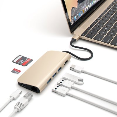 USB-хаб (концентратор) Satechi Multi-Port Adapter 4K with Ethernet Gold для MacBook Pro / Air / iPad Pro  8 портов: HDMI 1080p + 4K, Ethernet RJ-45, USB Type-C + Thunderbolt 3, SD, microSD, 3xUSB 3.0. Прочный алюминиевый корпус.
