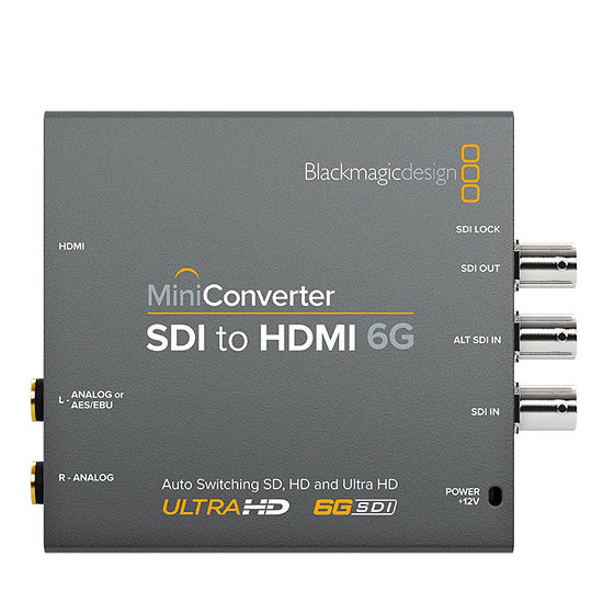 Мини конвертер Blackmagic Mini Converter SDI - HDMI 6G  Разрешение видео: 2K DCI/23,98p/24p/25p, 2K DCI/23,98PsF/24PsF/25PsF, 4K DCI/24p, 720p/50/59,94/60, 1080i/50/59,94/60, 1080p/23,98/24/25/29,97/30/50/59,94/60, 1080PsF/23,98/24/25/29,97/30, 2160p/23,98/24/25/29,97/30 • Частота дискретизации 48 КГц • Битрейт 24 бит • Порты 6G-SDI, HDMI • Питание сетевой адаптер • Вход 12-18 В • Подключение HDMI, SDI