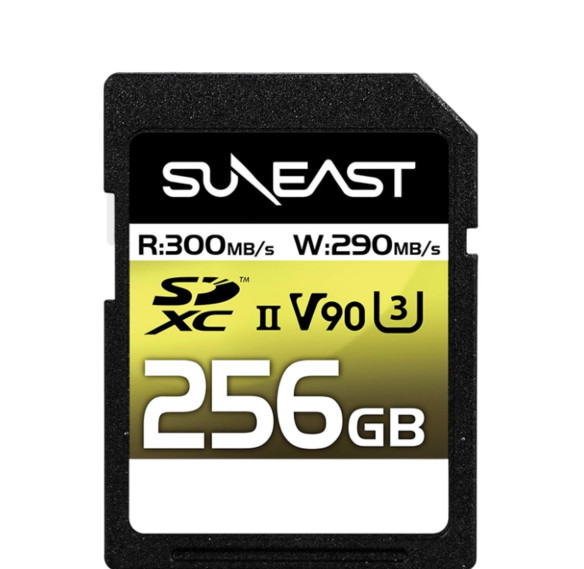 Карта памяти SUNEAST Ultimate Pro V90 SDXC UHS-II 256Гб  Интерфейс UHS-II • Вид накопителя SDXC • Объём памяти 256 Гб • Скорость чтения 300 Мб/с • Скорость записи 290 мб/с • Класс скорости UHS U3 • Класс скорости записи видео V90 • Класс скорости C10
