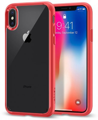 Чехол Spigen для iPhone X/XS Ultra Hybrid Red 057CS22130  Высокопрочный прозрачный чехол-накладка для полноценной защиты iPhone X