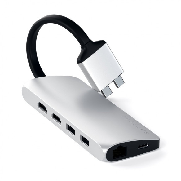 USB-хаб Satechi Type-C Dual Multimedia Adapter Silver для MacBook Pro / MacBook Air / Mac Mini  Задействует два порта USB-C • Алюминиевый корпус • USB-C подключение • Сквозной порт питания 60 Вт