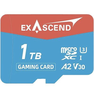 Карта памяти Exascend Gaming microSDXC U3 V2 1TB  Вид накопителя micro SDXC • Объём памяти 1 Тб • Скорость чтения 175 • Скорость записи 150 • Класс скорости UHS U3 • Класс скорости записи видео V30 • Класс производительности приложений A2