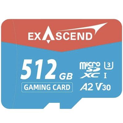 Карта памяти Exascend Gaming microSDXC U3 V2 512GB  Вид накопителя micro SDXC • Объём памяти 512 Гб • Скорость чтения 175 • Скорость записи 150 • Класс скорости UHS U3 • Класс скорости записи видео V30 • Класс производительности приложений A2