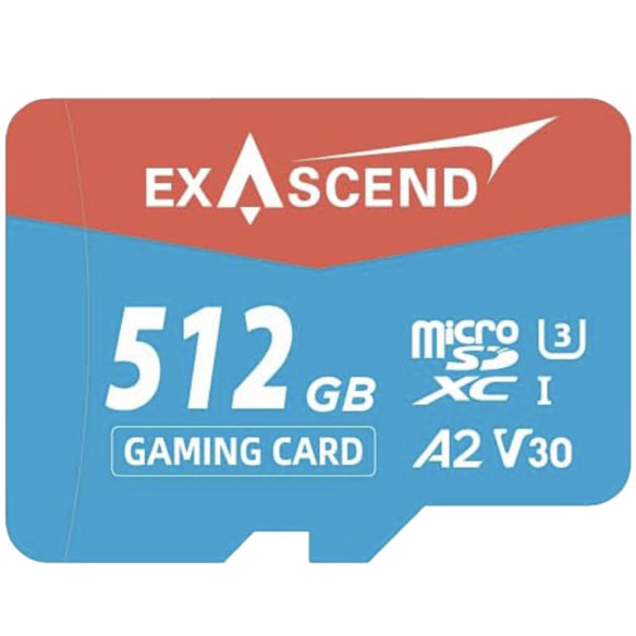 Карта памяти Exascend Gaming microSDXC U3 V2 512GB  Вид накопителя micro SDXC • Объём памяти 512 Гб • Скорость чтения 175 • Скорость записи 150 • Класс скорости UHS U3 • Класс скорости записи видео V30 • Класс производительности приложений A2