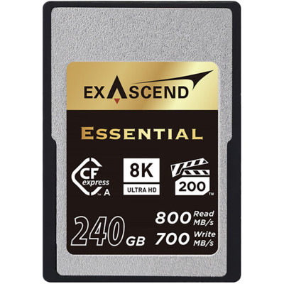 Карта памяти Exascend Essential CFexpress Type A 240GB  Интерфейс PCI-Express 3.0 • Вид накопителя CFExpress Type A • Объём памяти 240 Гб • Скорость чтения 800 МБ/с • Скорость записи 700 МБ/с • Температурный диапазон от -10 до 70°C