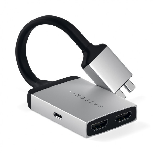 Адаптер Satechi Type-C Dual HDMI Adapter Silver для MacBook Pro / MacBook Air / Mac Mini  Задействует два порта USB-C • Алюминиевый корпус • USB-C подключение • Сквозной порт питания 60 Вт • Два выхода HDMI