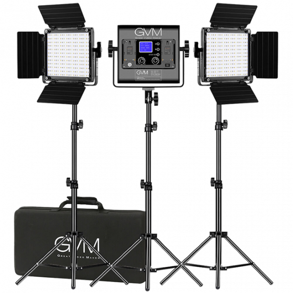 Комплект осветителей (3шт) GVM 800D-RGB  • Вид осветителя: LED панель • Мощность (макс): 40 Вт • Цветовая температура: 3200 — 5600 K • Особенности конструкции: встроенный дисплей • Дополнительные функции: управление через приложение • Питание: сетевой адаптер, NP-F х2