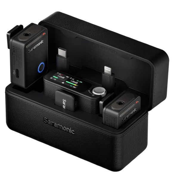Радиосистема Saramonic Ultra Чёрная  Подключение mini Jack 3.5 мм TRS, Lightning, Type-C • Микрофон встроенный, вход mini Jack 3.5мм • Передача сигнала 2.4G • Рабочая дистанция 300м • Частотный диапазон 20 — 20000 Гц • Битрейт 24 бит • Частота дискретизации 48 КГц • SPL максимальный 130 дБ • Сигнал/шум 90 дБ SPL • Управление через приложение, запись на внутреннюю память, генератор тайм-кода • Магнитное крепление, сенсорный дисплей • Питание встроенный аккумулятор • Защита IPX5