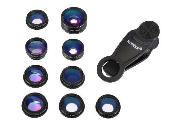 Набор объективов для смартфона Levenhuk Lens S10  Зум 2X • Макро 15X • Fisheye 198°• Широкоугольный 0.63X • Поляризационный фильтр и творческие