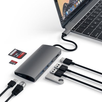 USB-хаб (концентратор) Satechi Type-C Multi-Port Adapter 4K with Ethernet V2 Space Gray для MacBook Pro / Air / iPad Pro  8 портов: HDMI 1080p + 4K, Ethernet RJ-45, USB Type-C + Thunderbolt 3, SD, microSD, 3xUSB 3.0. Прочный алюминиевый корпус.