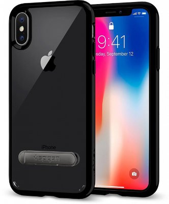 Чехол Spigen для iPhone X/XS Ultra Hybrid S Jet Black 057CS22134  Высокопрочный прозрачный чехол-накладка для полноценной защиты iPhone X с функцией подставки