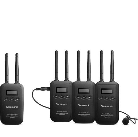 Радиосистема Saramonic VmicLink5 5.8GHz SHF (RX + 3TX)  Подключение : mini Jack 3.5 мм TRS • Рабочий диапазон частот :	5725 × 5875 МГц • Микрофон :	вход mini Jack 3.5мм • Передача сигнала :	5G • Запись звука :	моно/стерео • Особенности конструкции :	встроенный дисплей • Питание :	собственный аккумулятор