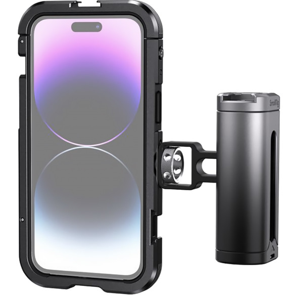 Клетка SmallRig 4100 Single Handle Kit для iPhone 14 Pro   • Устройство: iPhone 14 Pro • Материал: алюминий, силикон • Крепление "мама": 1/4", Cold Shoe • Особенности конструкции:	байонет Sirui/Moment для мобильного объектива, кнопка спуска
