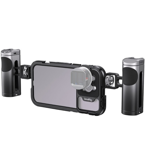 Клетка SmallRig 4076 Dual Handle Kit для iPhone 14 Pro   • Устройство: iPhone 14 Pro • Материал: алюминий, силикон • Крепление "мама": 1/4", Cold Shoe • Особенности конструкции:	байонет Sirui/Moment для мобильного объектива, кнопка спуска