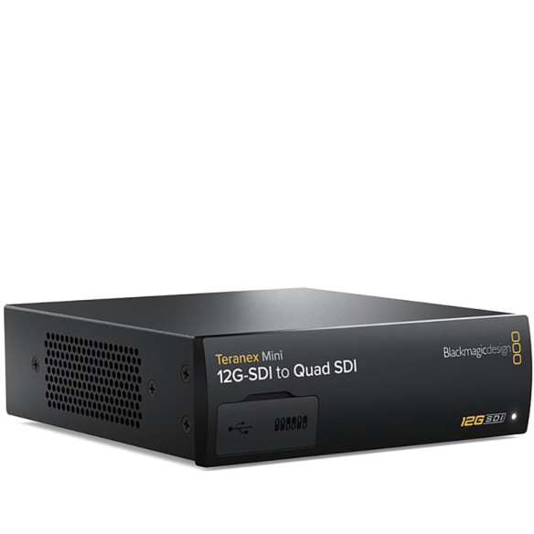 Видеоконвертер Blackmagic Teranex Mini 12G-SDI - Quad SDI  Цветовое пространство RGB, YUV • Поддержка встроенного звука 16 каналов • Частота дискретизации 48 КГц • Битрейт 24 бит • Порты: Ethernet, SDI • Питание сетевой адаптер • Мощность (макс) 16 Вт • Вход 90–240 В