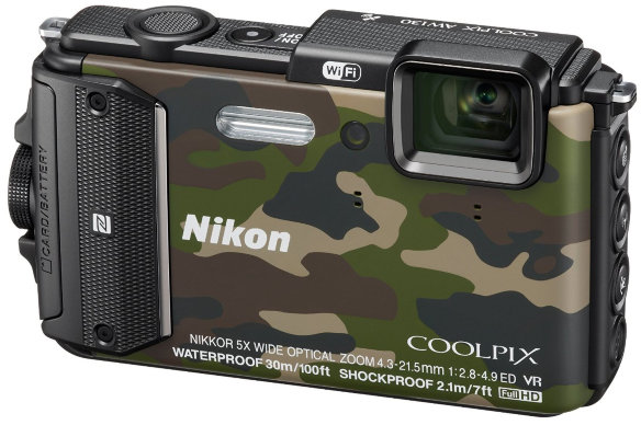 Подводный фотоаппарат Nikon Coolpix AW130 Camouflage  Подводный (до 30 м) • ударопрочный (2 м) • морозостойкий • пыленепроницаемый • GPS • Wi-Fi • 16 Мпикс • зум 5х • дисплей 3" • видео FullHD 1080p