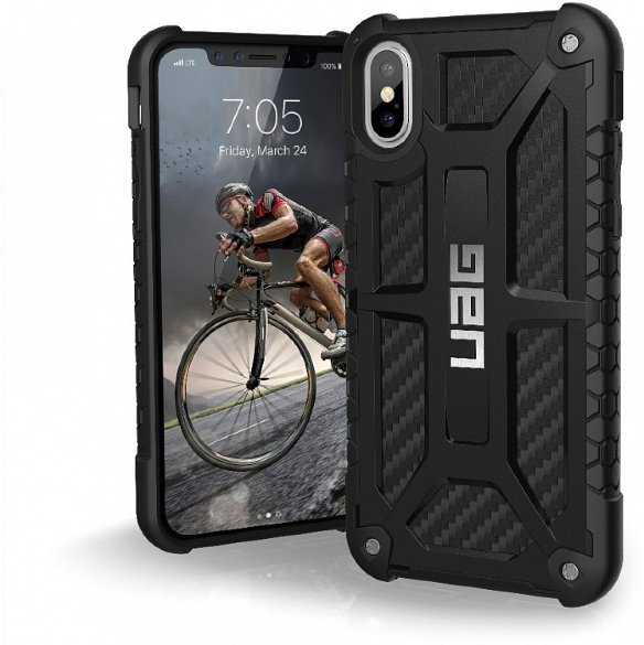 Противоударный чехол Urban Armor Gear Monarch Carbon Fiber для iPhone X/XS  Стильный дизайн • Кожаные и стальные элементы • 5-слойная конструкция • Высокая степень защиты • Малый вес и толщина • Болтовое крепление • Соответствие военному стандарту США Mil-Std