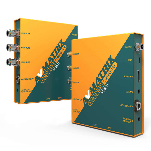 Конвертер AVMATRIX SC2031 HDMI/AV в 3G-SDI с масштабированием  Масштабирование вверх/ вниз и преобразование частоты кадров • Внедрение и извлечение аудио • Три параллельных SDI выхода • Простое управление DIP-переключателями