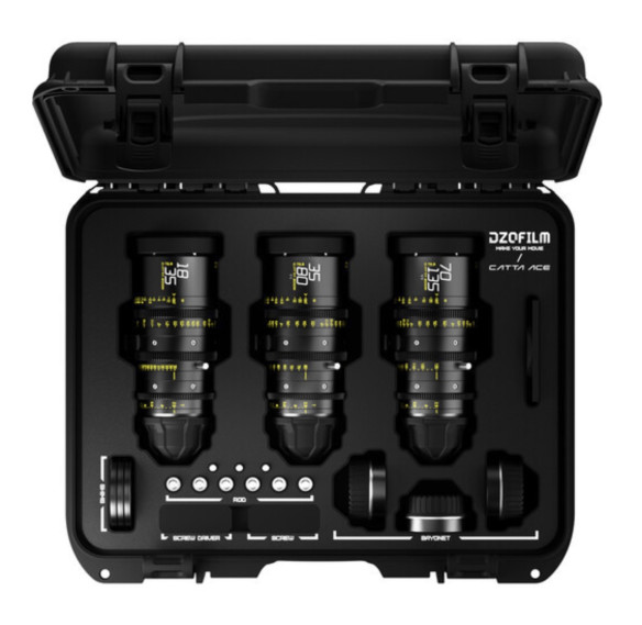 Комплект объективов DZOFilm Catta Ace FF 18-35/35-80/70-135 T2.9 PL/EF mount черный (Arri PL)  Набор включает три объектива • Непрерывная фокусировка • Универсальная совместимость • Эргономичный дизайн • Прочность и надежность • Оптические характеристики с открытием T2.9 до T22