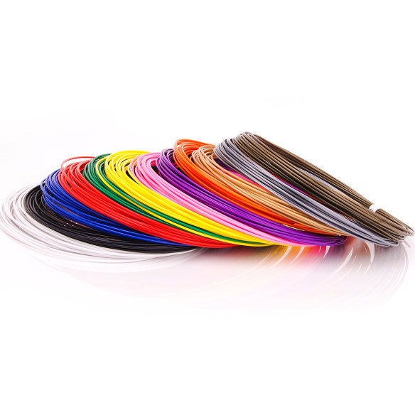 Набор ABS-пластика 1.75мм для 3D-ручек — 12 цветов по 10 метров  Набор ABS-пластика • 12 цветов по 10 метров • Толщина 1.75мм • Белый, черный, синий, зеленый, оранжевый, красный, розовый, фиолетовый, оранжевый , золотистый, серебристый, бронзовый