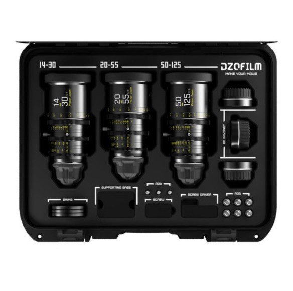 Набор объективов DZOFilm Pictor 14-30/20-55/50-125 T2.8 PL/EF mount черные (Arri PL)  Набор включает три объектива • Непрерывная фокусировка • Универсальная совместимость • Эргономичный дизайн • Прочность и надежность • Оптические характеристики с открытием T2.8 до T22
